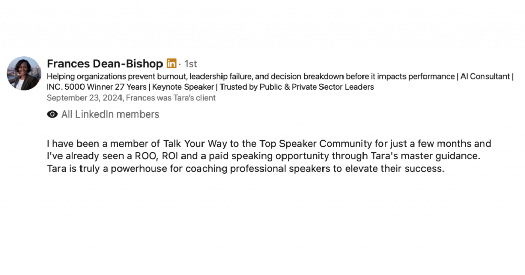 Fran D. Bishop Paid Speaking Testimonial