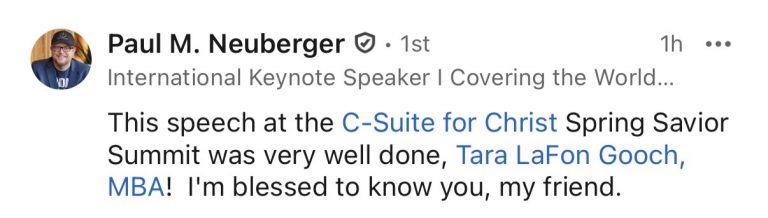 C-Suite for Christ CEO words of recognition after Tara delivered a speech.