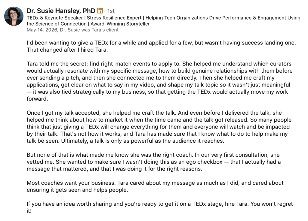 Susie Hansley PHD TEDx Coaching testimonial