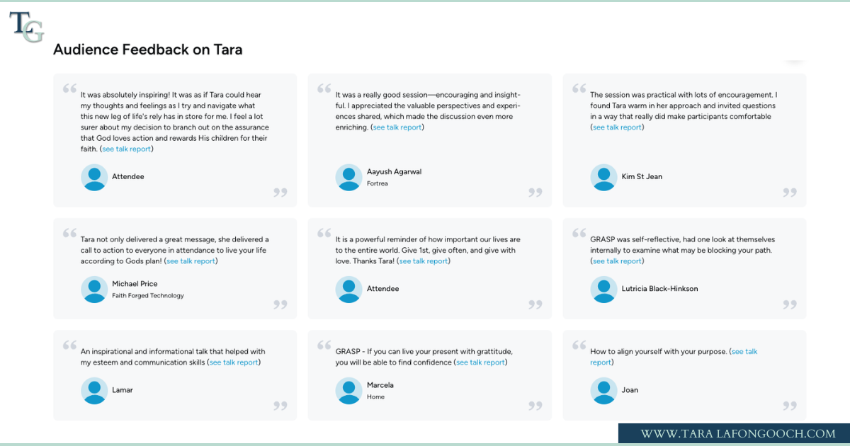 Audience testimonials for Tara LaFon Gooch speeches