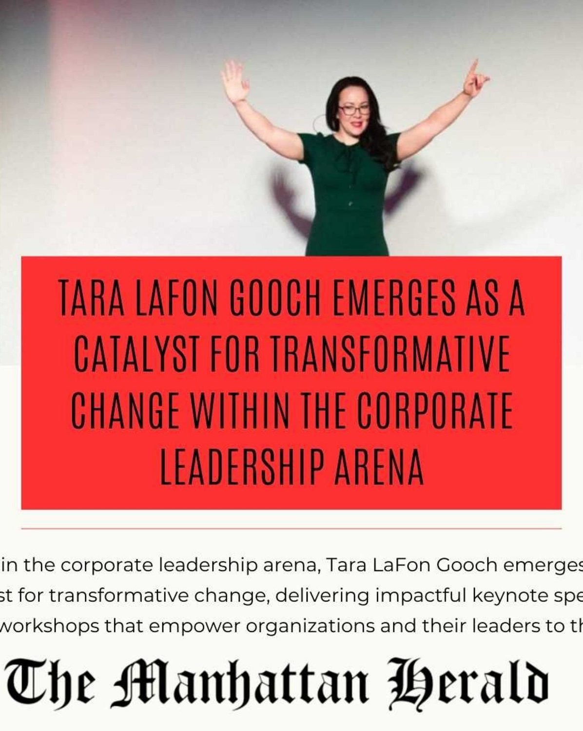 Tara on stage, featured in The Manhattan Herald